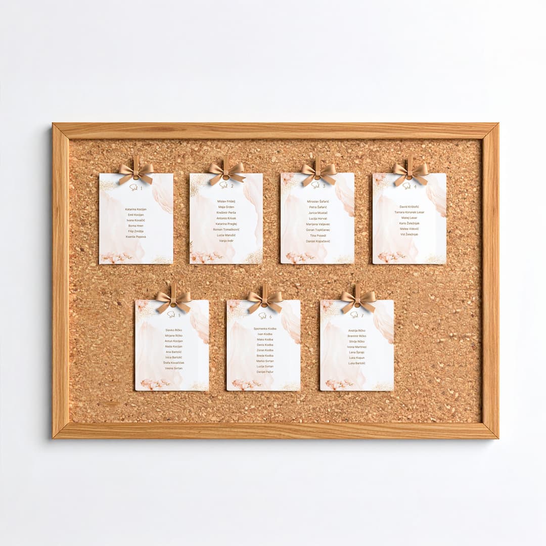 Minimalističke oznake u stilu pozivnica - povezane, elegantne i jasno čitljive.