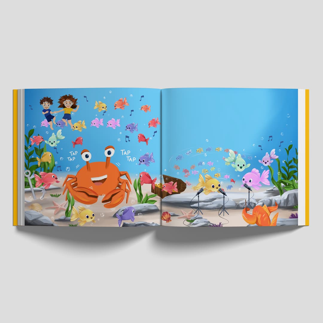 Kreativni proces i ilustracija:

• Dizajn likova: Kako bi se djeca lakše povezala s pričom, kreirala sam Raka Kliješta kao simpatičnog i hrabrog simbola snage, s posebnim fokusom na izražajnu mimicu i tople, vesele narančaste tonove.

• Čarolija morskog svijeta: Kroz bogate digitalne ilustracije morskog dna, slojeve tekstura i igru svjetla, oživjela sam bajkovit i dubok podvodni svijet koji poziva na istraživanje.
